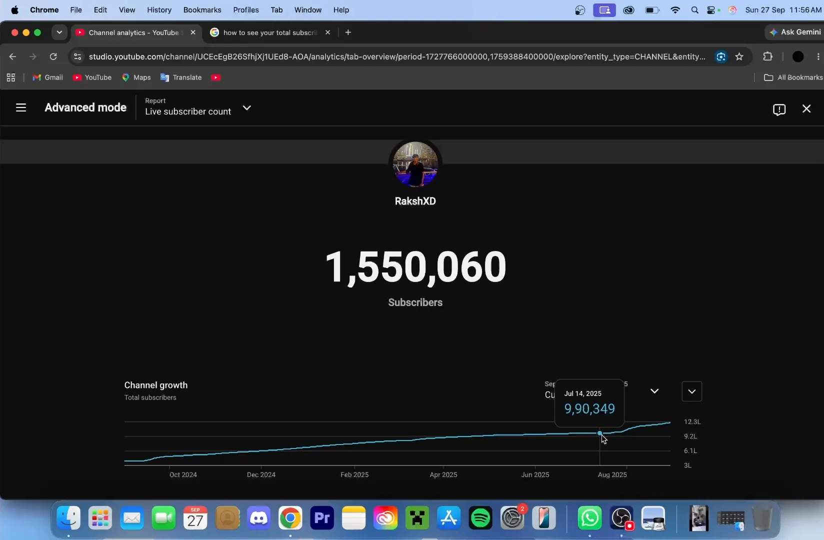 Original YouTube Studio channel-growth frame showing 1,550,060 subscribers and the growth chart